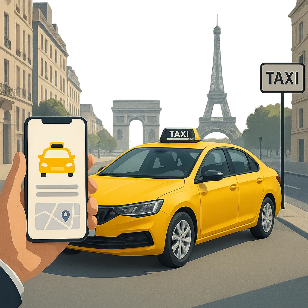 Illustration moderne d’un taxi parisien fiable et d’une réservation en ligne sereine. L’image évoque la ponctualité, la confiance et les trajets vers Paris, les gares et les aéroports.