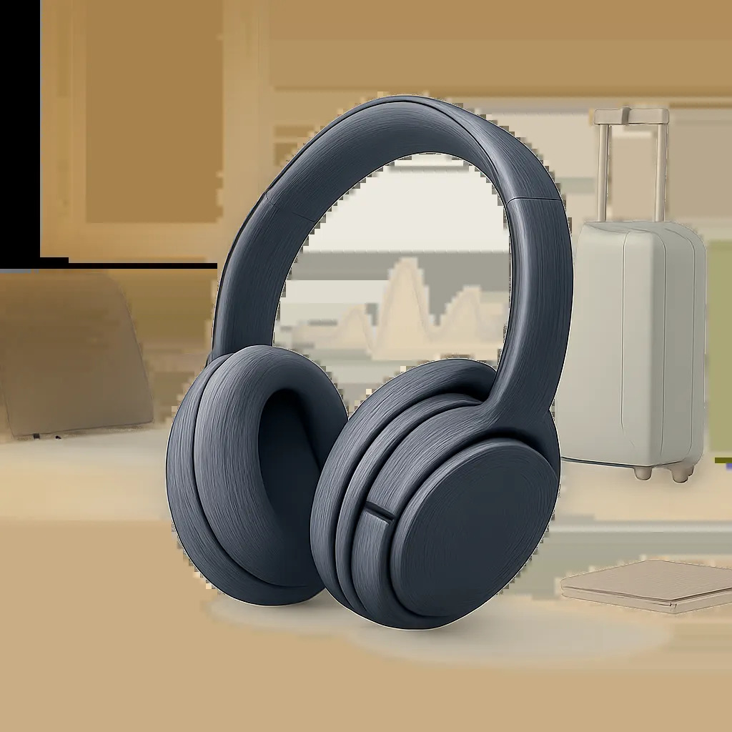 Illustration d’un casque anti-bruit premium pensé pour le bureau, l’open space et le voyage. L’image met en avant une ambiance calme, sobre et haut de gamme, centrée sur le confort acoustique.