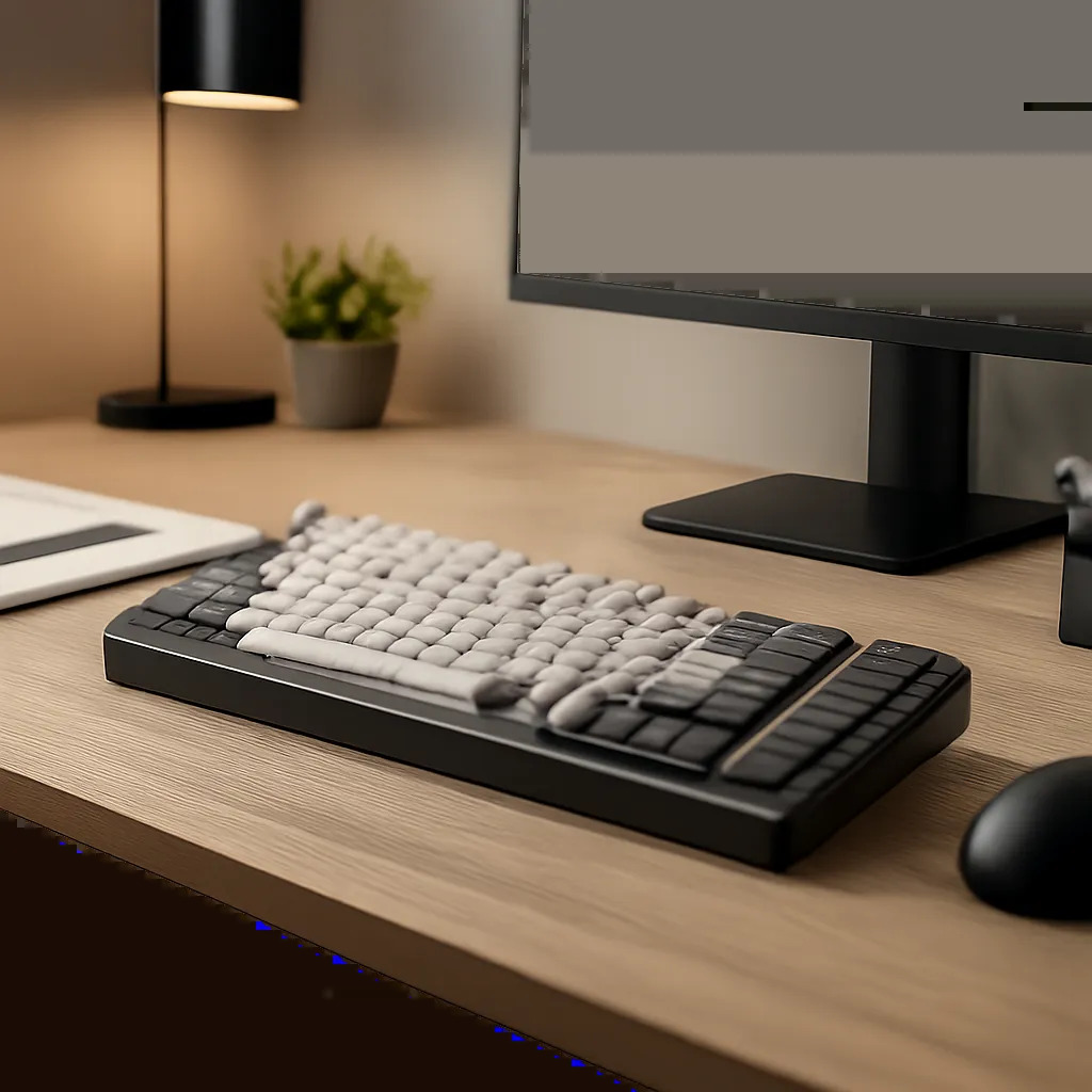 Un clavier mécanique haut de gamme posé dans un environnement de travail moderne et épuré. L’image évoque la précision, le confort et la productivité au quotidien.