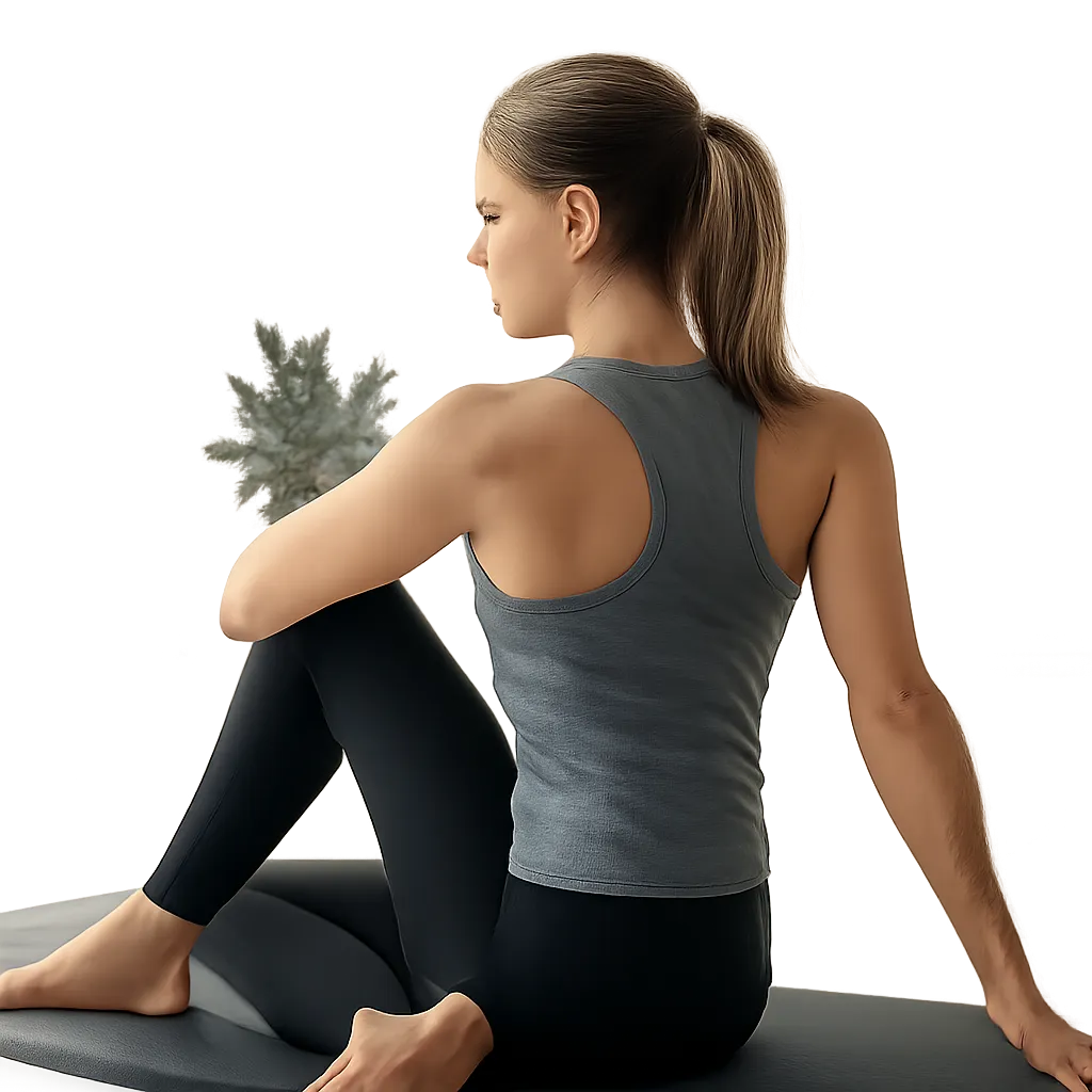 Une scène de récupération musculaire montrant un étirement post-sport doux et guidé. L’ambiance doit évoquer le relâchement, la mobilité et le confort après l’effort.