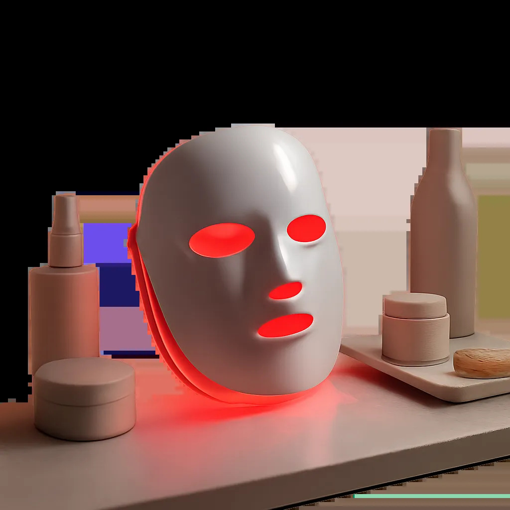 Un masque LED rouge présenté dans un univers beauté premium, minimaliste et rassurant. L’image évoque une routine de photothérapie à domicile simple, régulière et crédible.