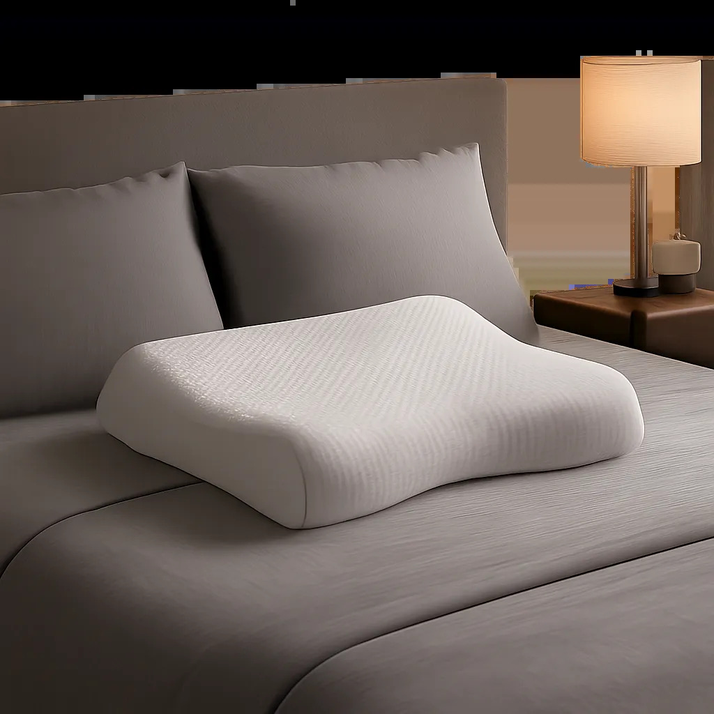 Visuel d’un oreiller ergonomique premium dans une chambre élégante. L’image évoque le maintien de la nuque, le confort nocturne et un sommeil plus réparateur.