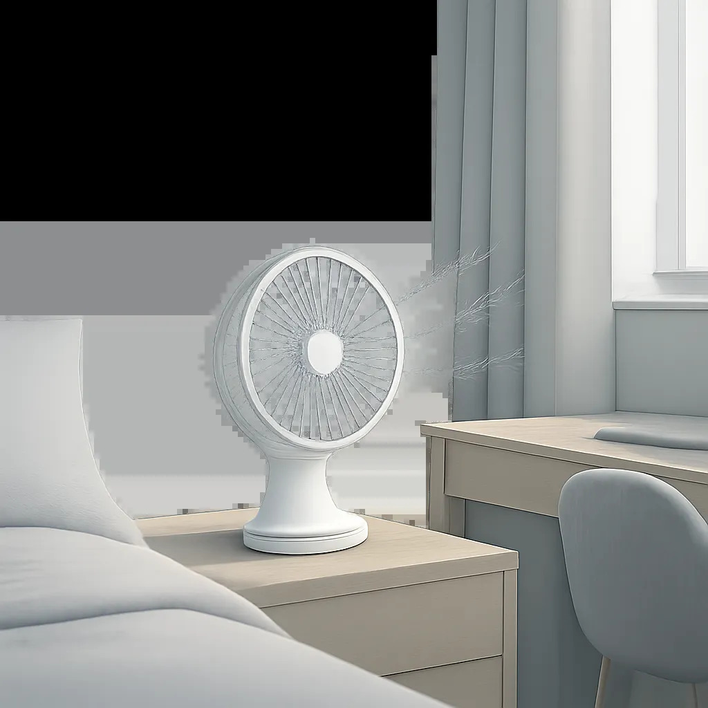 Illustration d’un ventilateur compact et discret dans un intérieur moderne. L’ambiance évoque le confort thermique sans nuisance sonore, adaptée à la chambre comme au bureau.