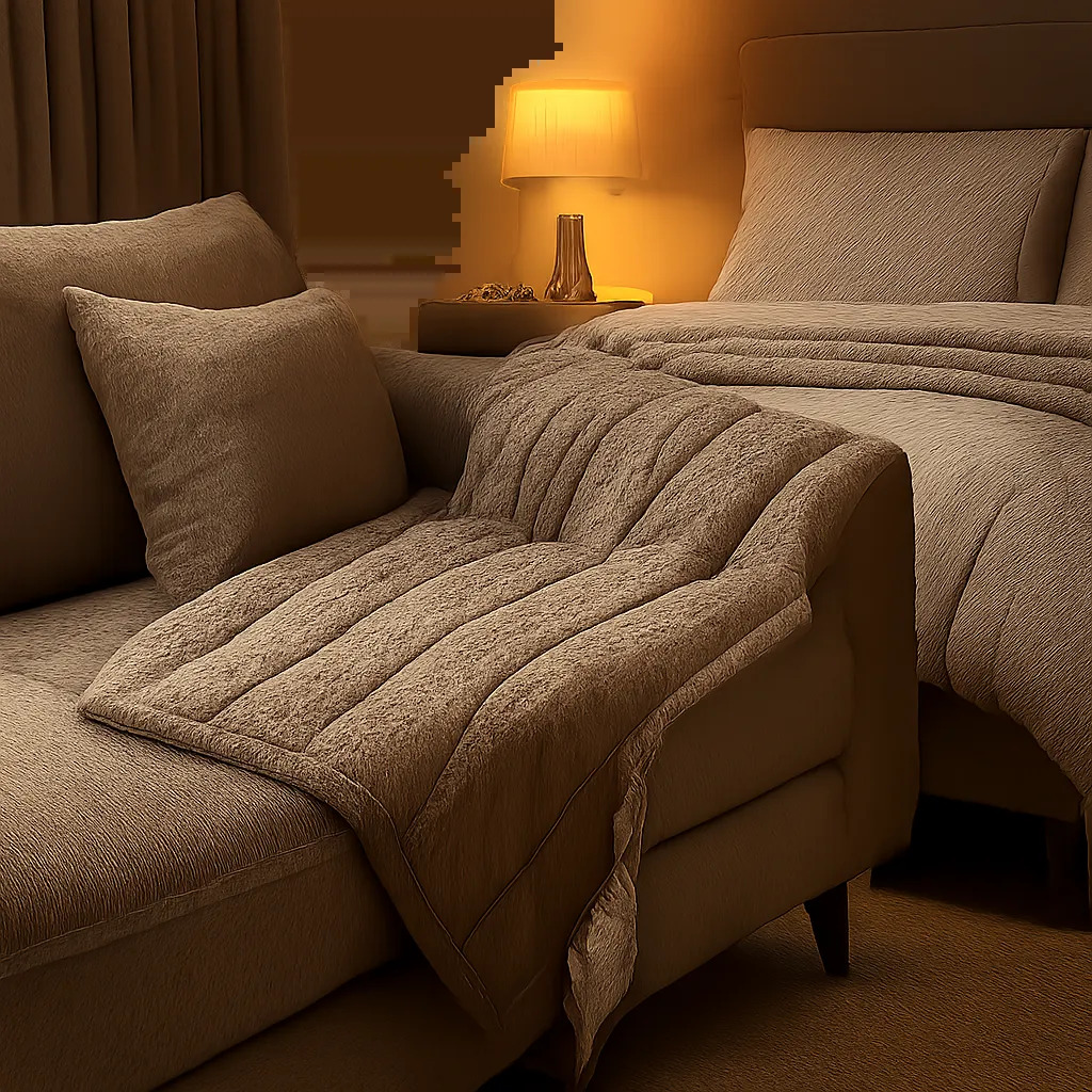 Une couverture chauffante premium mise en scène dans un intérieur élégant, avec une atmosphère chaleureuse et rassurante. L’image évoque le confort ciblé sur le canapé et au lit, sans surcharge visuelle.