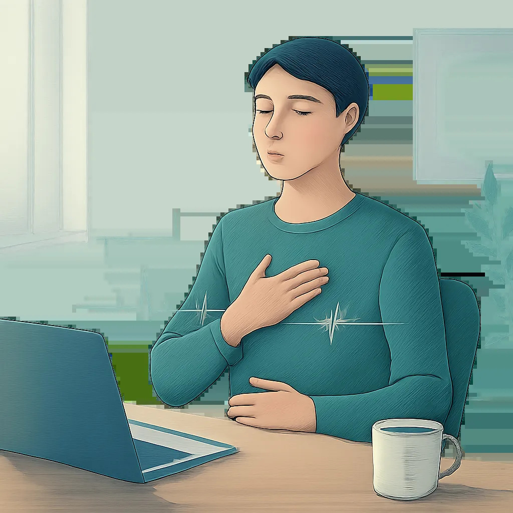 Illustration d’une pratique de cohérence cardiaque pour apaiser le stress et retrouver de l’énergie. Une ambiance sobre et professionnelle, centrée sur la respiration et le calme intérieur.